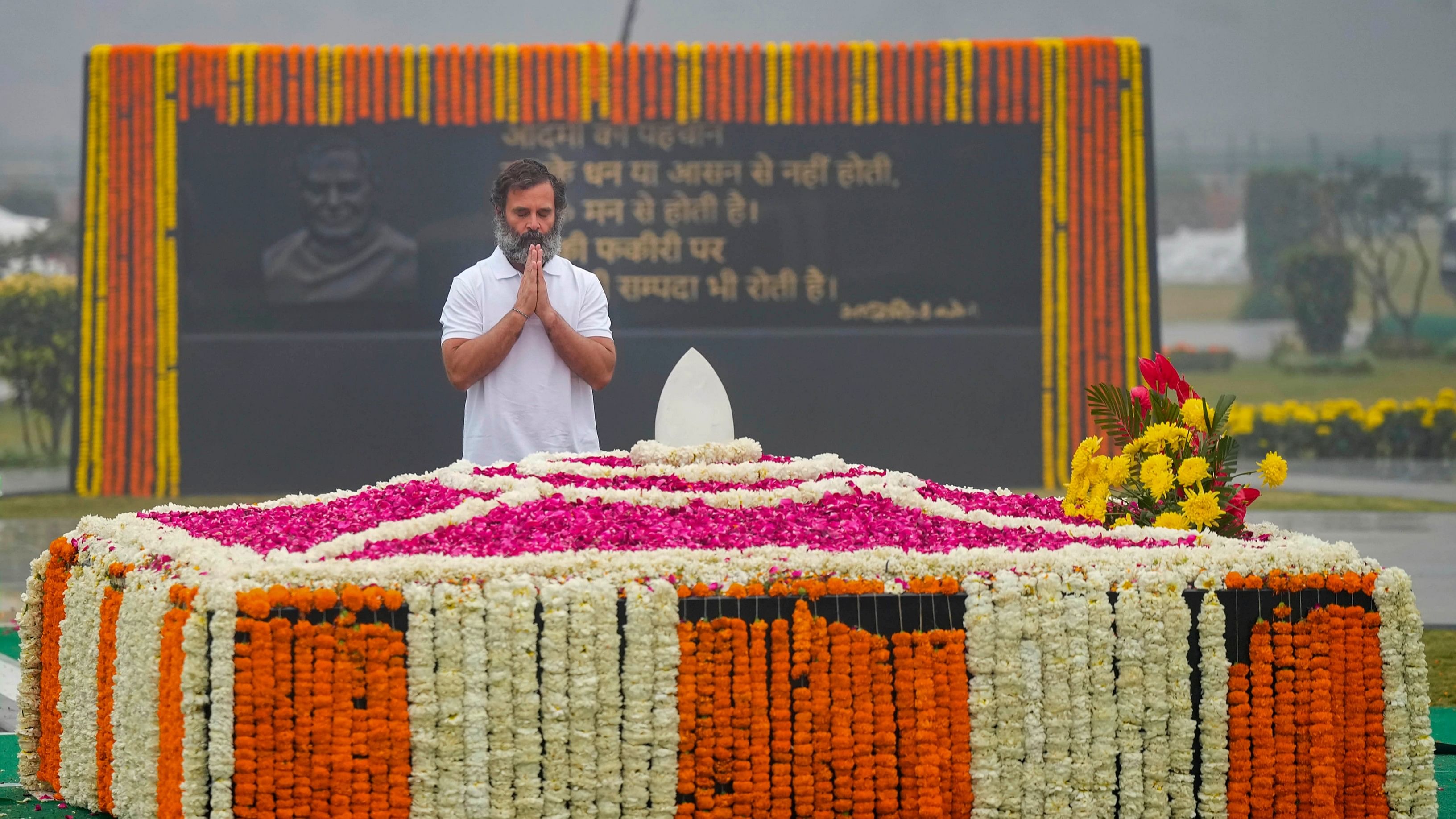 Congress leader Rahul Gandhi pays tribute to former prime minister Atal Bihari Vajpayee at his memorial Sadaiv Atal, in New Delhi, Monday, Dec. 26, 2022. Credit: PTI Photo