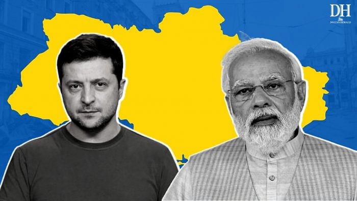 Ukraine President Volodymyr Zelenskyy and Prime Minister Narendra Modi. Credit: DH Creative