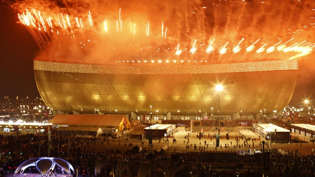 A pyrotechnic display pictured from outside the Lusail stadium in Qatar after the FIFA final between Argentina and France. Credit: Reuters Photo