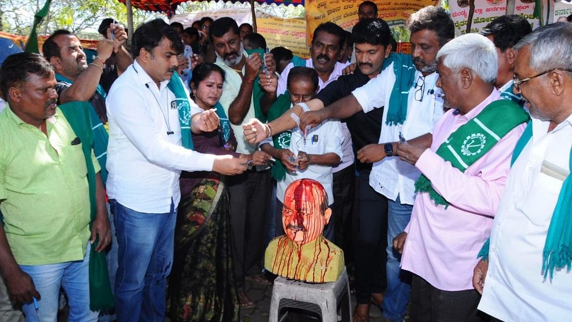 On Wednesday, the farmers placed a bust of Bommai at the venue and raised slogans against the government, saying: "We will offer blood to the CM, who has deceived the farmers". Credit: Special Arrangement