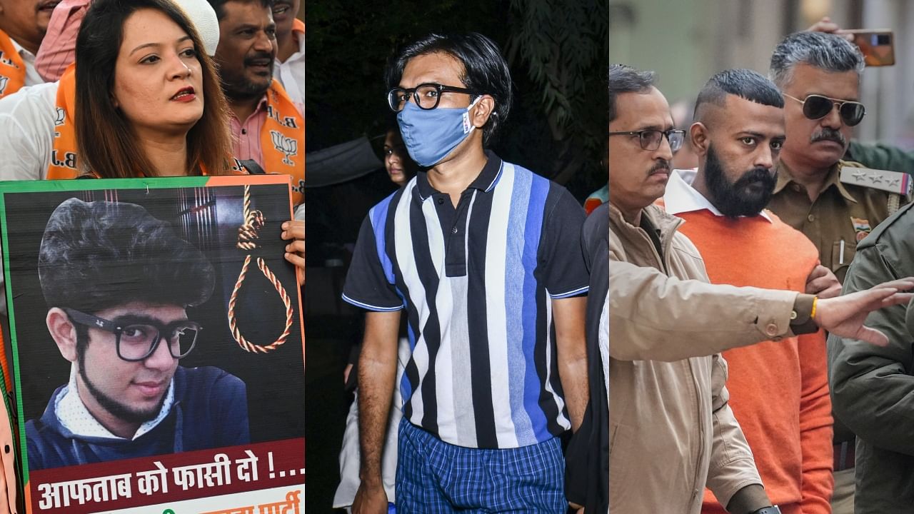 (From L-R) People protest against Aftab Poonawala, Mohammad Zubair comes out of Tihar Jail after being granted interim bail by the Supreme Court, Sukesh Chandrashekhar leaves from Patiala House Court after appearing in connection with a money laundering case. Credit: Agency Photos