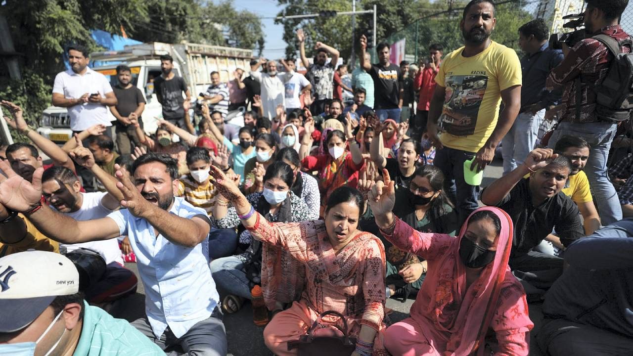 Protest by Kashmiri Pandit employees. Credit: PTI Photo