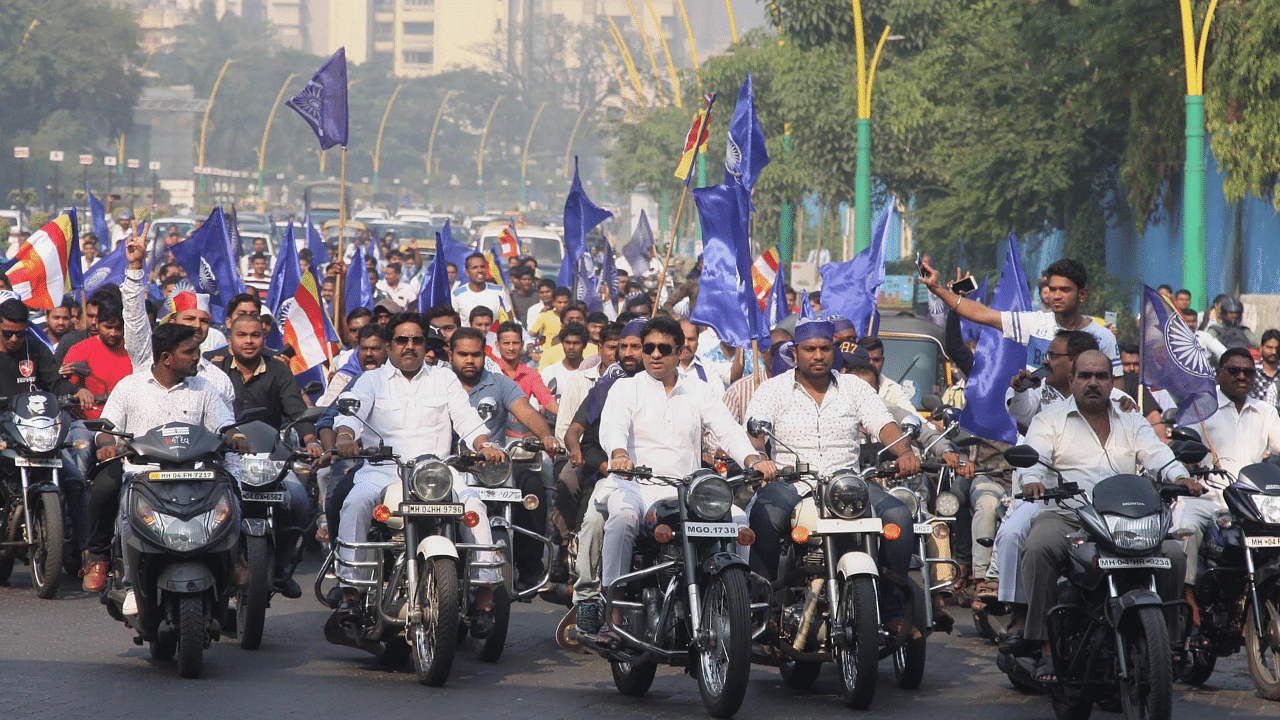 Dalit protesters take part in a bike rally on the Eastern Express Highway in Thane, Mumbai on January 2, 2018 after Bhima Koregaon violence. Credit: PTI Photo