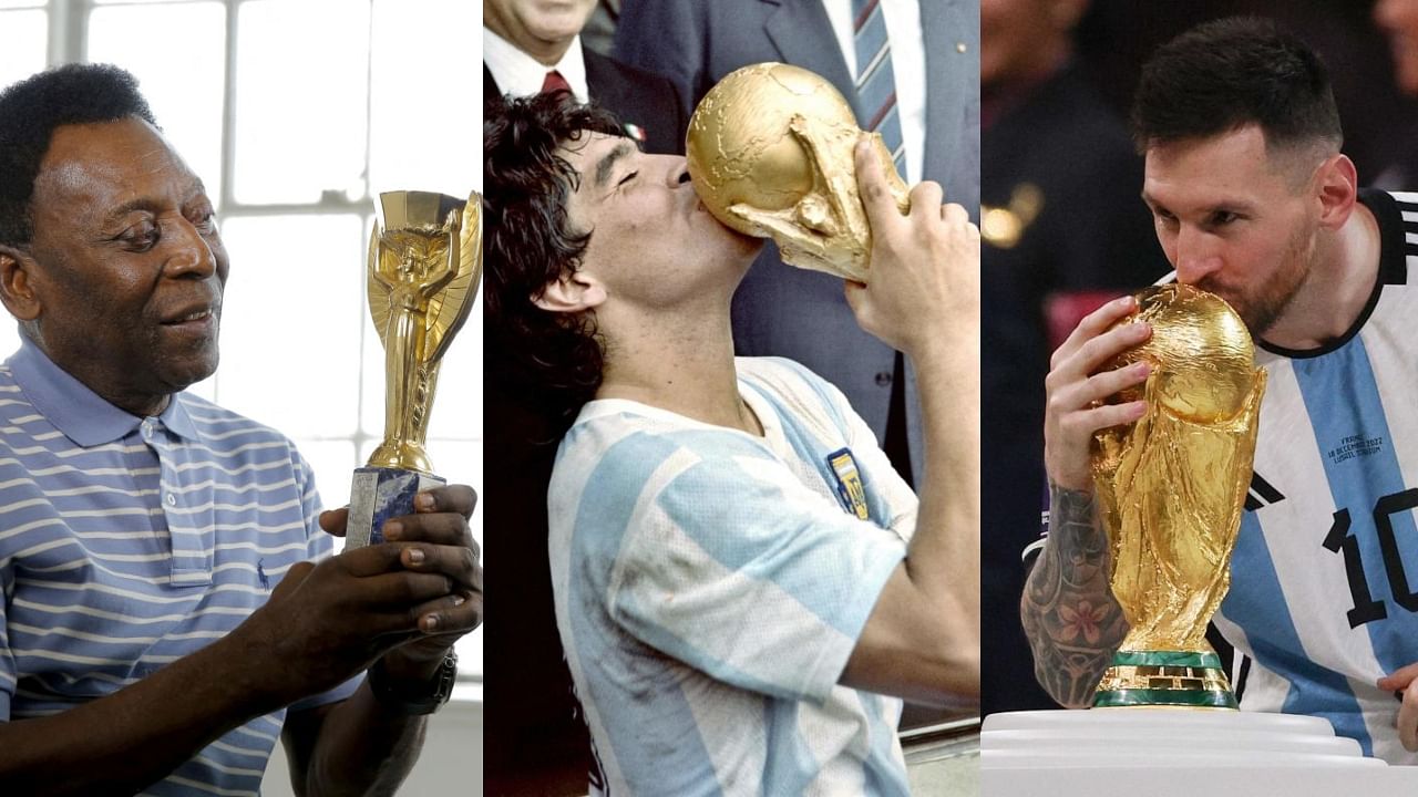 Pele poses for a portrait with his 1958 World Cup trophy; Diego Armando Maradona kissing the World Cup trophy won by his team after a 3-2 victory over West Germany on June 29, 1986; and Argentina's forward Lionel Messi kissing the World Cup trophy after beating France during the Qatar 2022 World Cup final football match on December 18, 2022. Credit: Reuters/AFP Photos