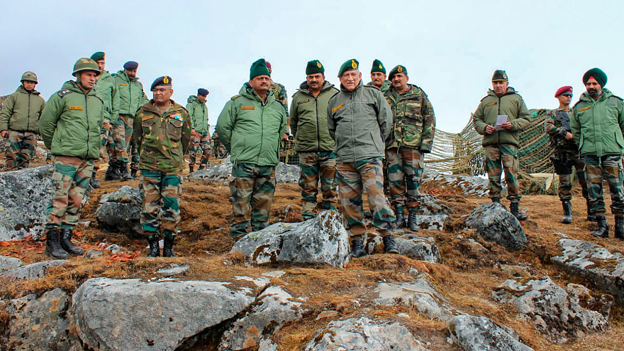 Army Chief General Bipin Rawat during the collective training conducted by troops of Eastern Command at Sela, approximately 90 kms from the Line of Actual Control (LAC), in Tawang district. Credit: PTI Photo