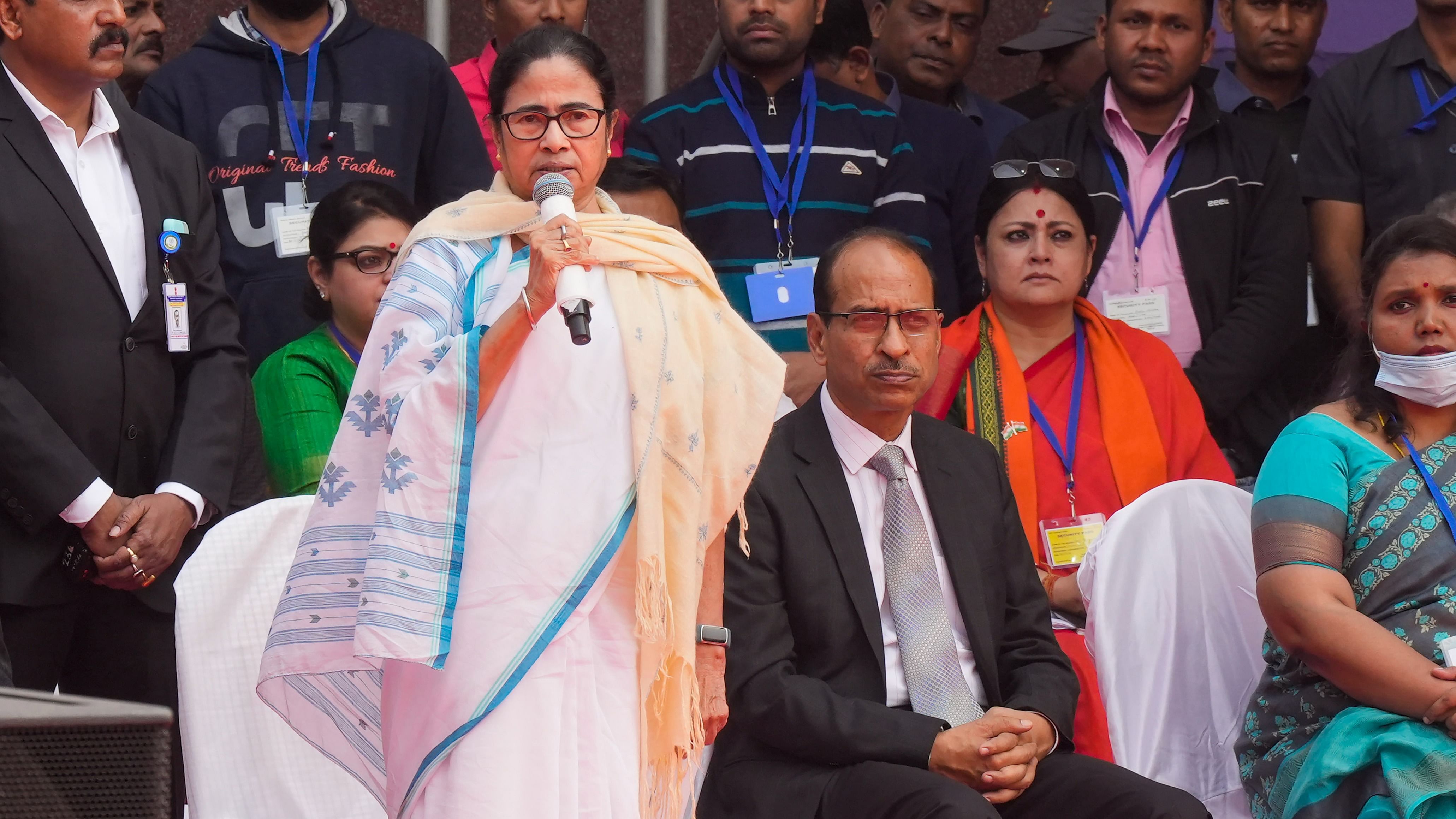 Mamata Banerjee speaks during the flagging off ceremony of Vande Bharat Express train. Credit: PTI Photo