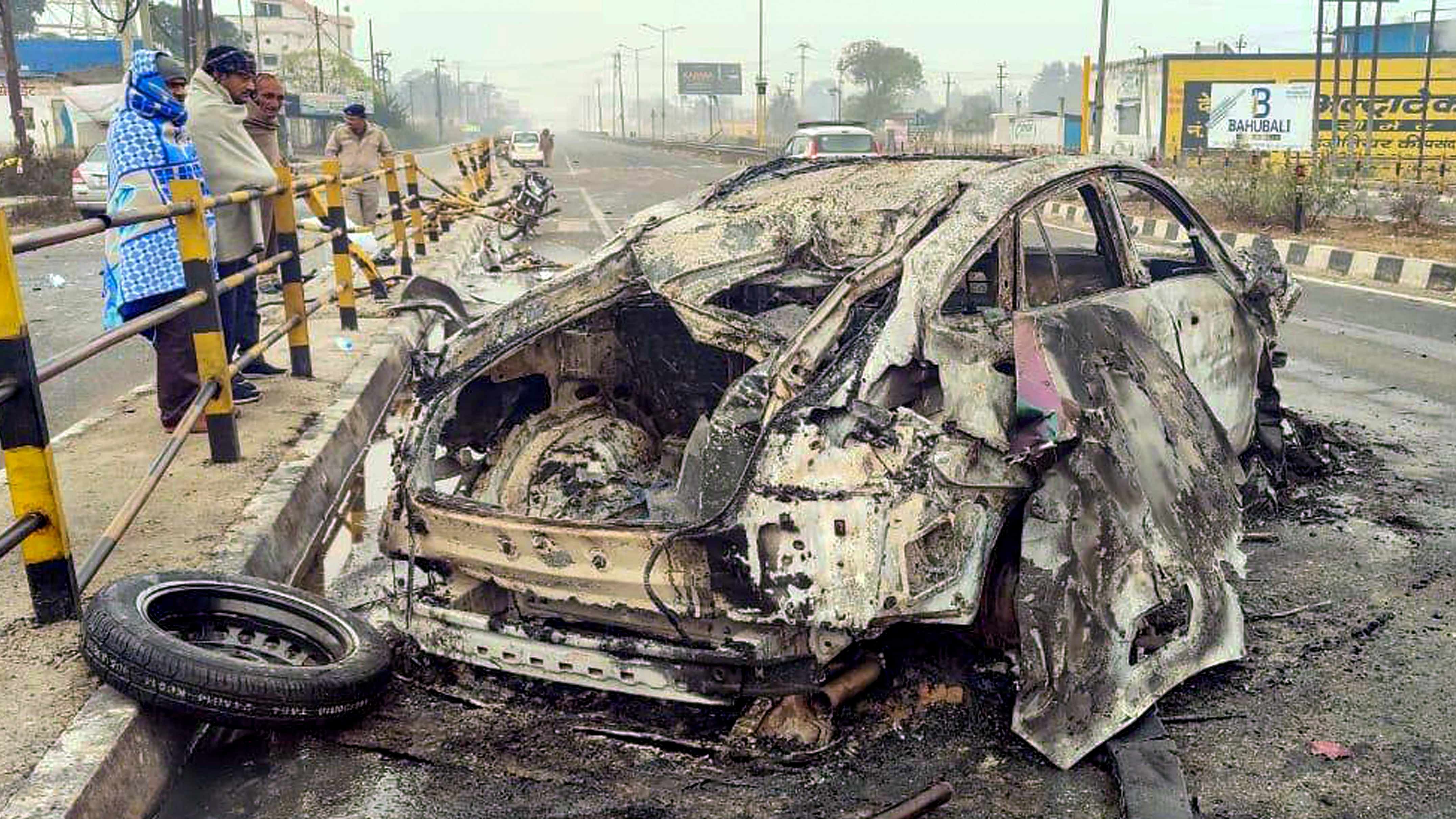 Charred remains of cricketer Rishabh Pant's car after it rammed into a divider and caught fire. Credit: PTI Photo