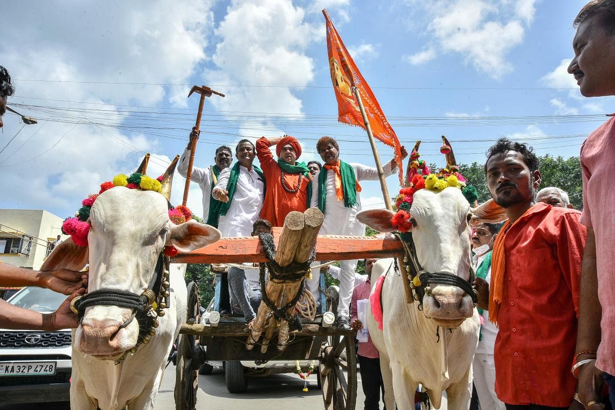 Seer Basava Jaya Mruthyunjaya Swami leads a rally in Kalaburagi demanding 2A reservation for Panchamasali Lingayat community. Credit: DH File Photo