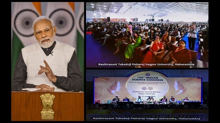 Prime Minister Narendra Modi addresses the 108th Indian Science Congress. Credit: PTI Photo