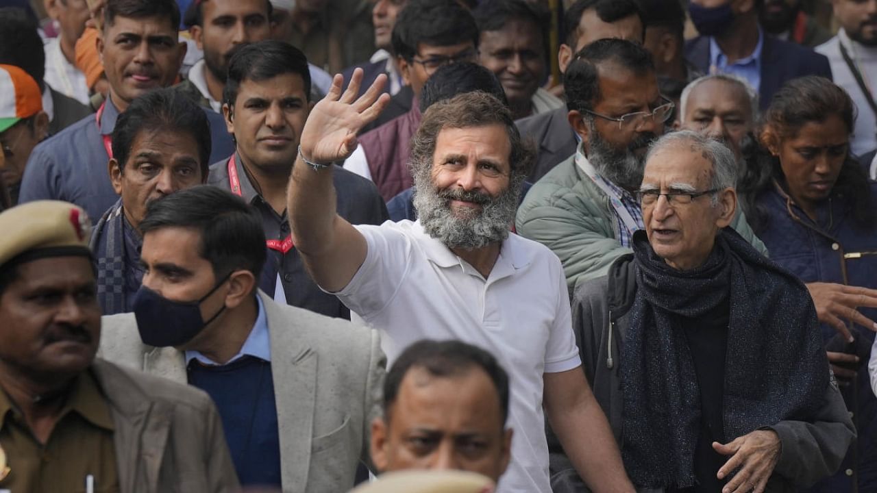 Congress leader Rahul Gandhi with supporters during the Bharat Jodo Yatra. Credit: PTI Photo