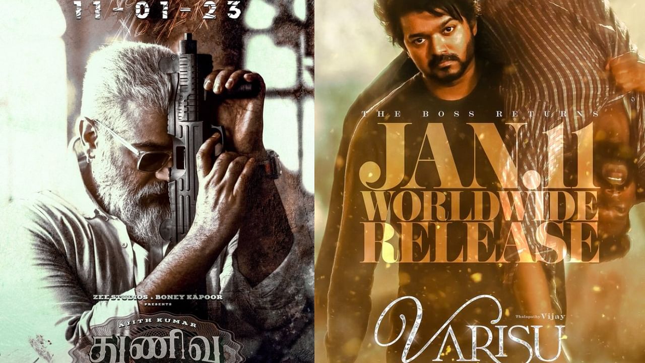 Posters of Ajith Kumar's 'Thunivu' and Vijay's 'Varisu'.