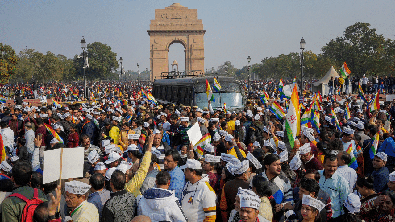 Members of the Jain community protest at New Delhi's India Gate against the Jharkhand government's decision to develop Sammed Shikharji as a tourist place. Credit: PTI Photo