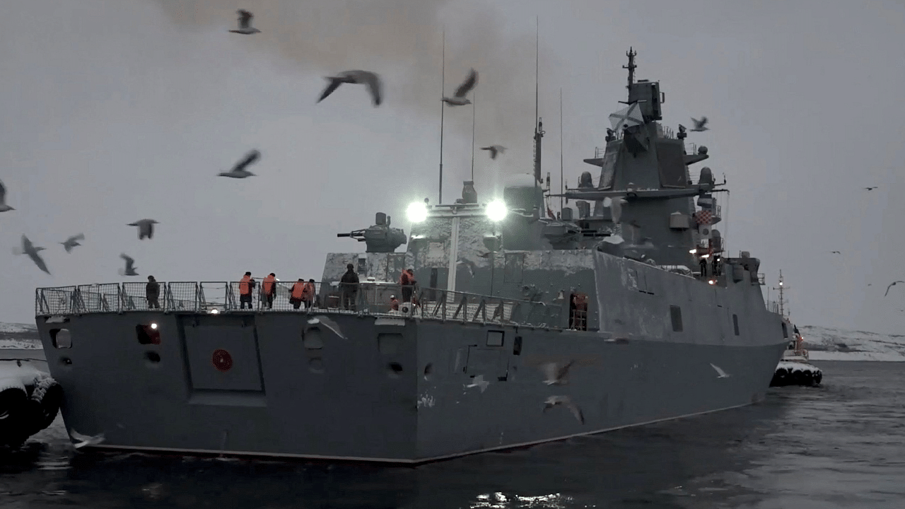 The Russian frigate "Admiral of the Fleet of the Soviet Union Gorshkov" leaves the naval base in Severomorsk. Credit: Reuters Photo