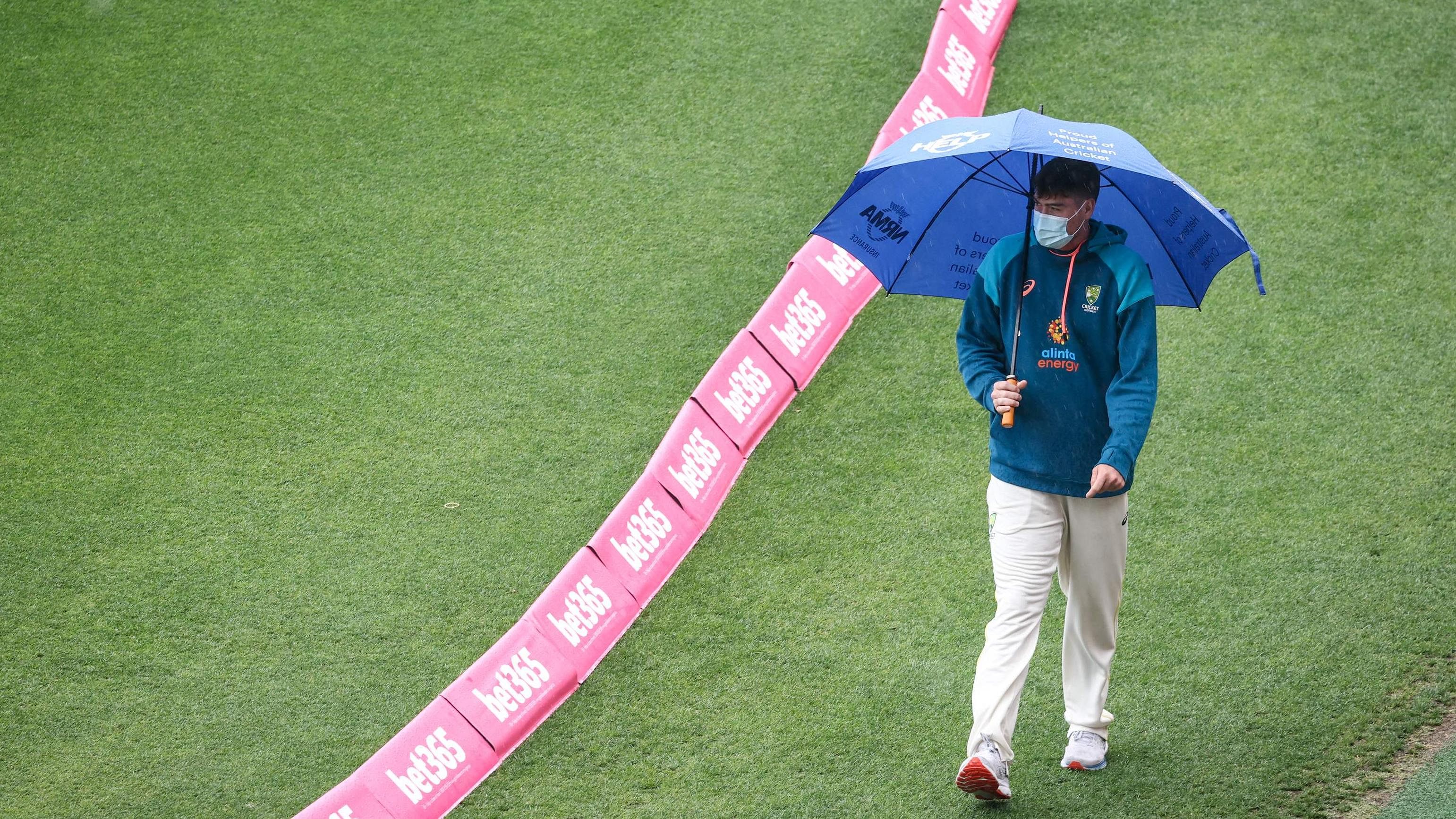 Australia’s Matt Renshaw walks around the ground during a rain delay on day three of the third cricket Test match between Australia and South Africa at the Sydney Cricket Ground (SCG) in Sydney. Credit: AFP Photo