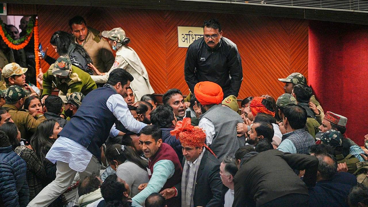 AAP and BJP councilors clash during the election of Mayor and Dy Mayor at the Civic Centre, in New Delhi. Credit: PTI Photo