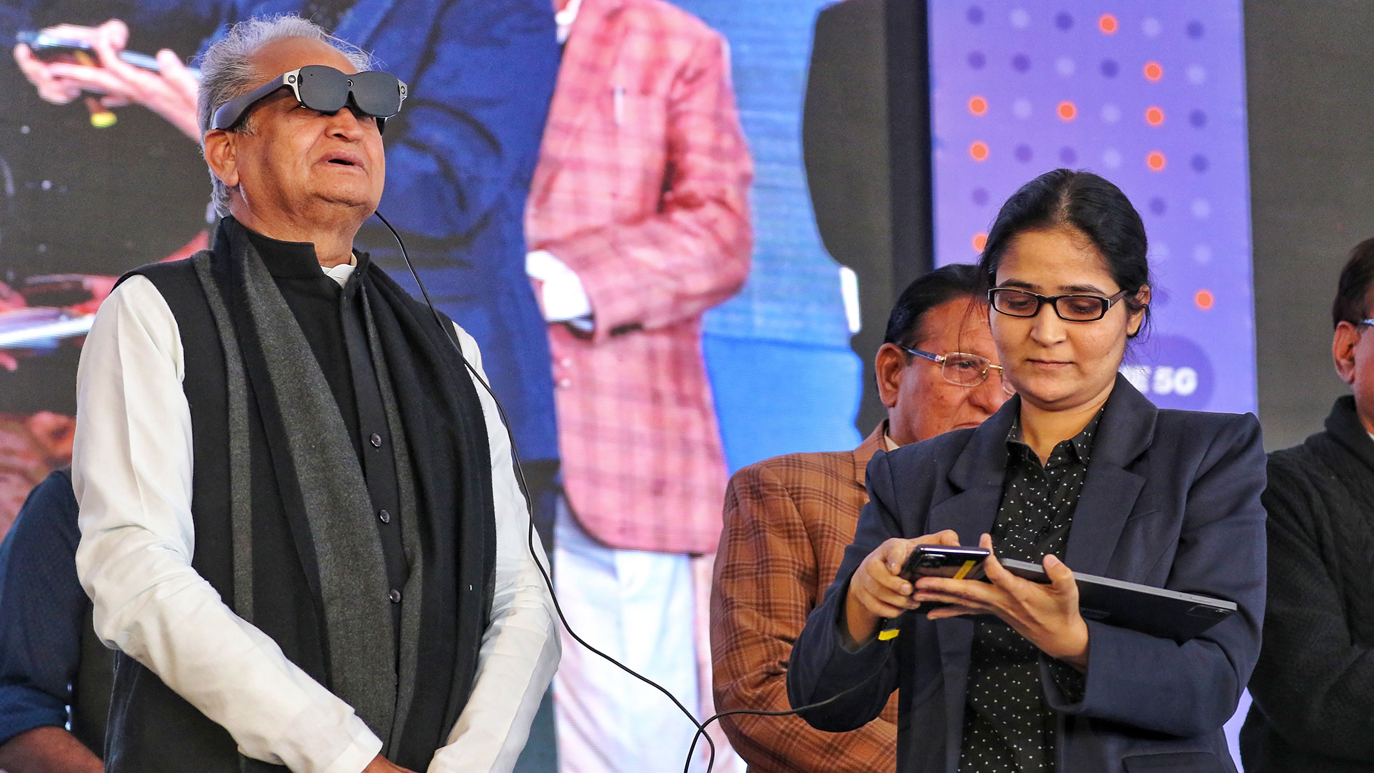 Rajasthan Chief Minister Ashok Gehlot launches Jio 5G service. Credit: PTI Photo