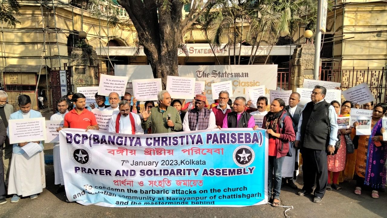 The Bangiya Christiya Pariseba, a statewide forum in West Bengal that claims collective representation of the community gathered as a group at Esplanade in the heart of Kolkata. Credit: DH Photo
