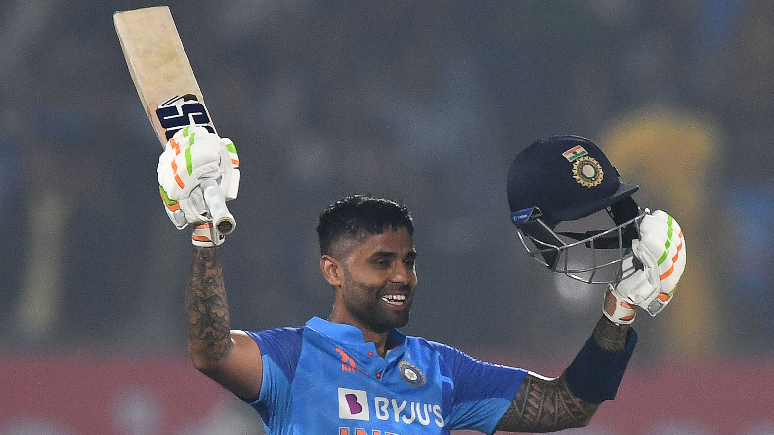 India's Suryakumar Yadav celebrates after scoring a century (100 runs) during the third Twenty20 international cricket match between India. Credit: AFP File Photo