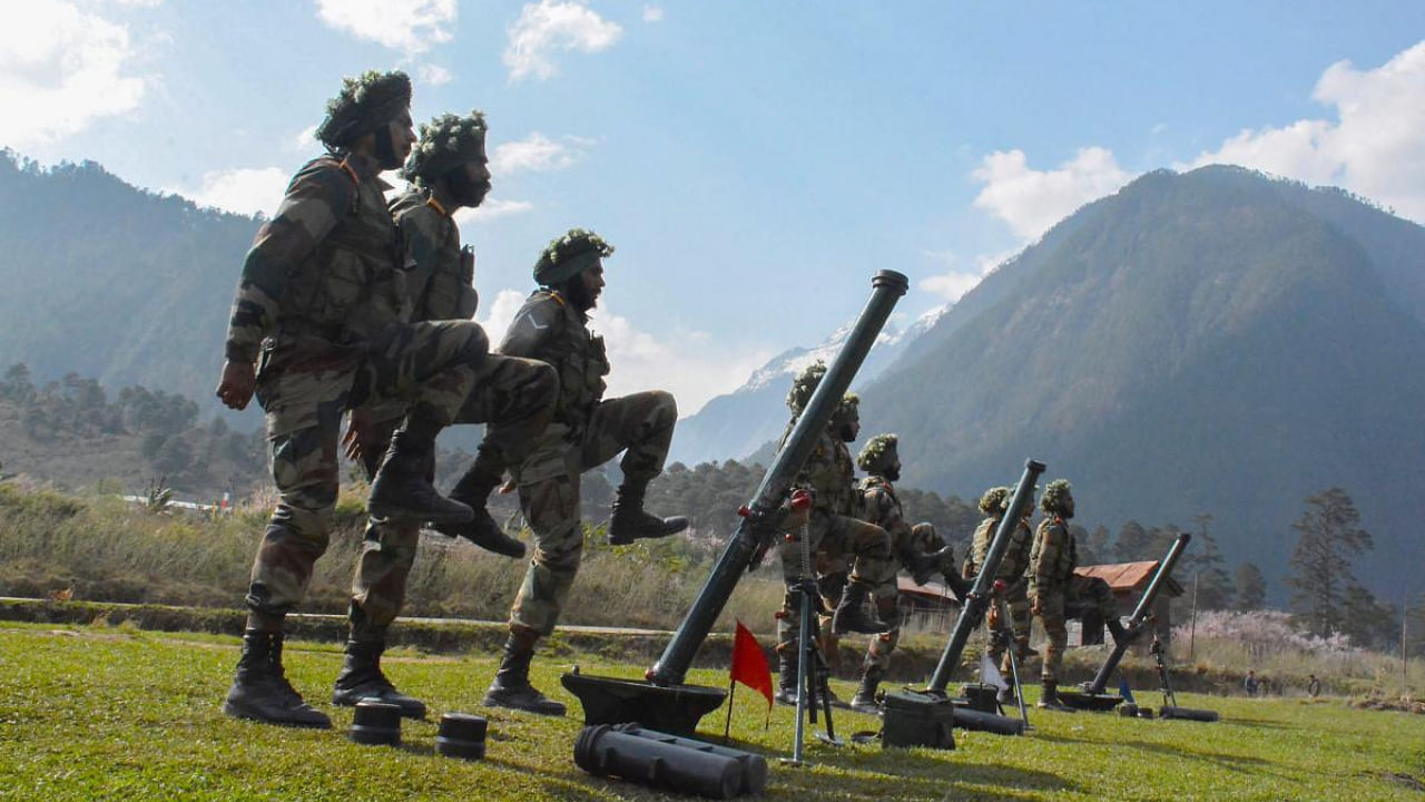 Indian army personnel carry out drills at Kibithu close to the Line of Actual Control in Anjaw district of Arunachal Pradesh. Credit: PTI File Photo