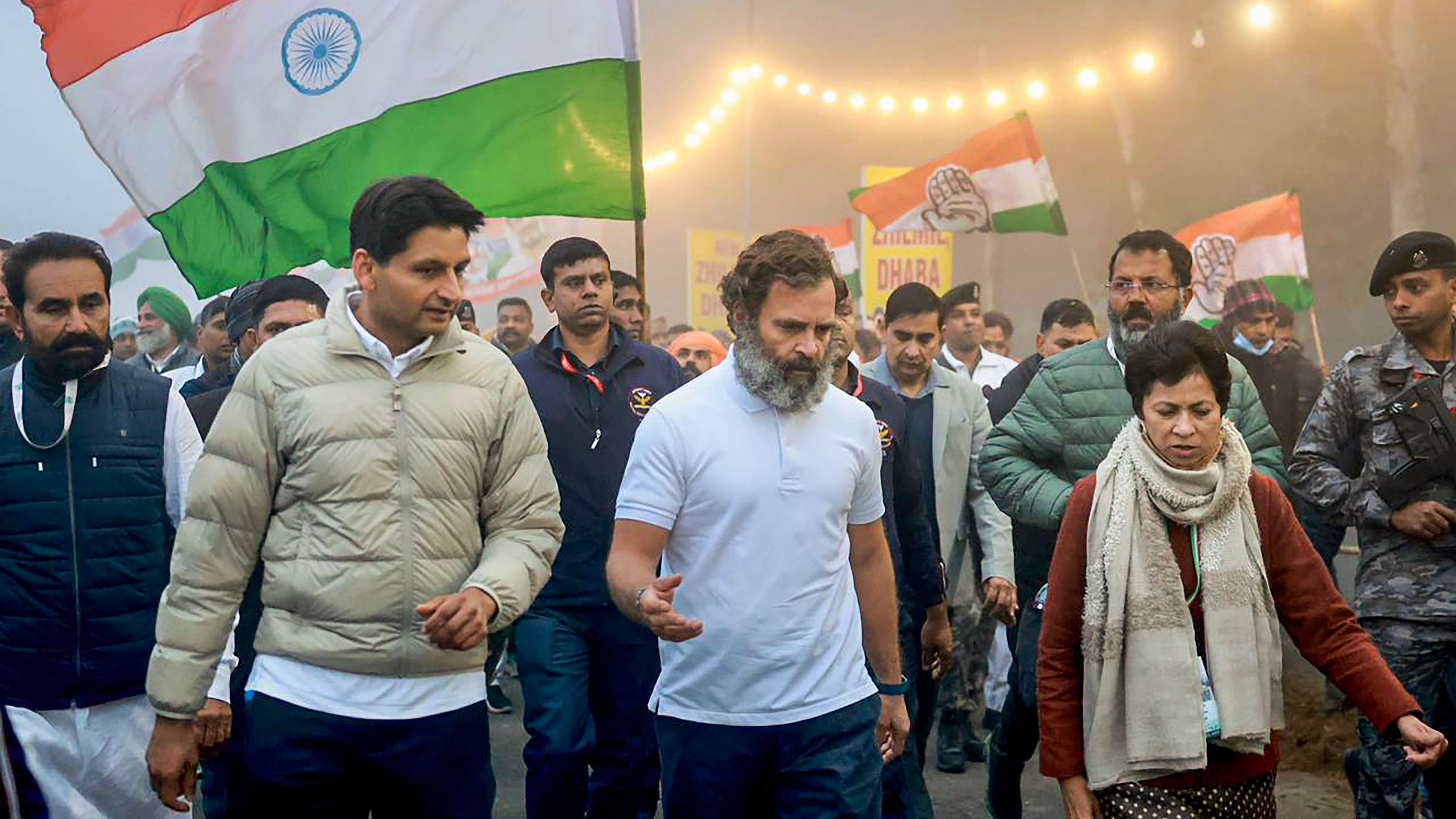 Congress leader Rahul Gandhi with party leaders Shaktisinh Gohil, Deepender Hooda and Selja Kumari during the party's 'Bharat Jodo Yatra', in Kurukshetra district, Sunday, Jan. 8, 2023.