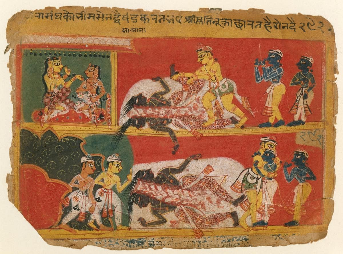 Bhima slays Jarasandha: A page from a Bhagavata Purana manuscript (Pic courtesy: Wikimedia Commons/Metropolitan Museum Of Art)