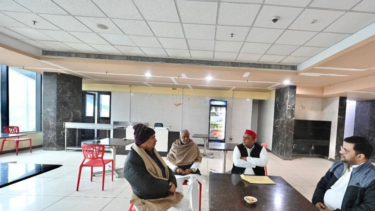 The party's official Twitter handle also posted photographs of Yadav, SP leader Rajendra Chaudhary and others at the police headquarters. Credit: Twitter / @samajwadiparty