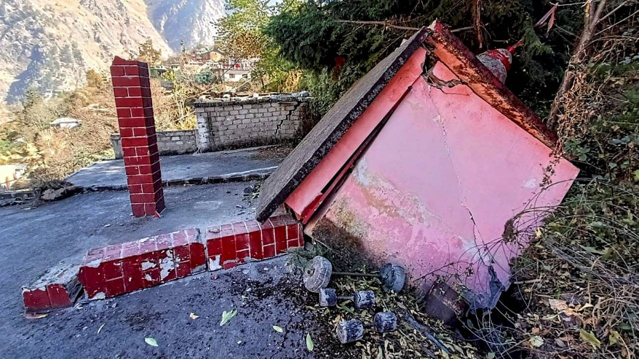 A temple collapses after the gradual 'sinking' of Joshimath in Chamoli district of Uttarakhand, in Joshimath. Credit: PTI Photo