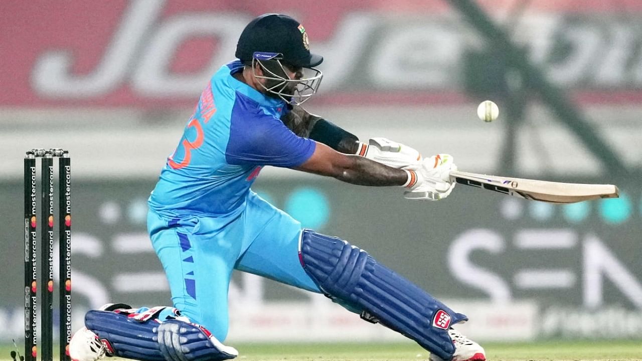 Suryakumar Yadav plays a shot during the 3rd T20 cricket match between India and Sri Lanka. Credit: PTI Photo