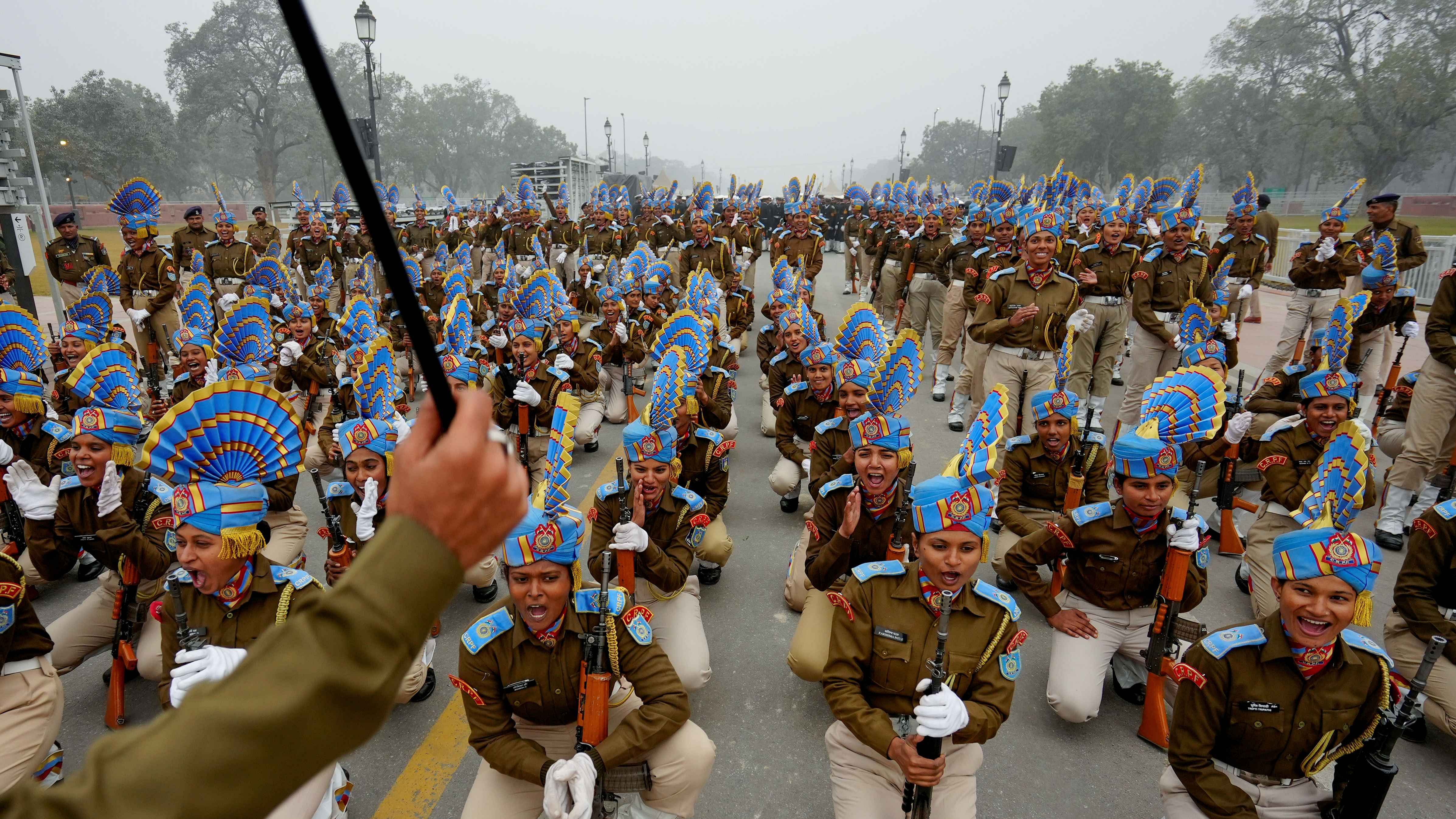 An all-women contingent of CRPF rehearses for the Republic Day Parade 2023 at the Kartavya Path. Credit: PTI Photo