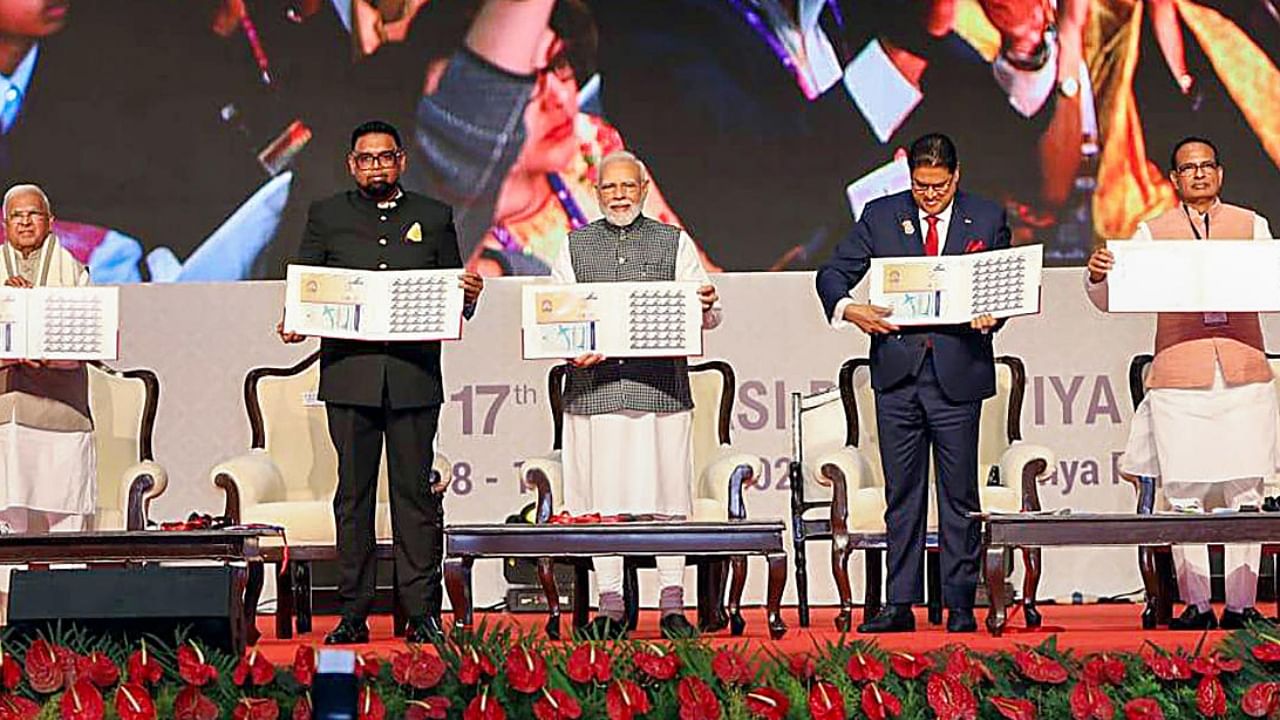 Prime Minister Narendra Modi along with Guyana President Mohamed Irfaan Ali and Suriname President Chandrikapersad Santokhi. Credit: PTI Photo