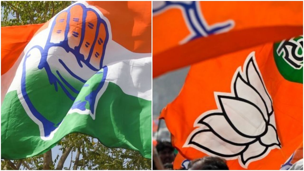 The Congress (L) and BJP (R) flags. Credit: PTI, AFP File Photos