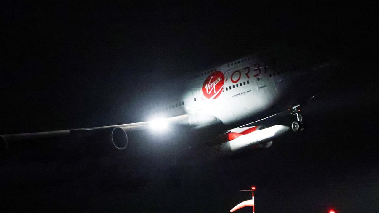 The plane takes off ahead of Britain's first satellite launch, at Cornwall Airport Newquay, in Cornwall, Britain. Credit: Reuters