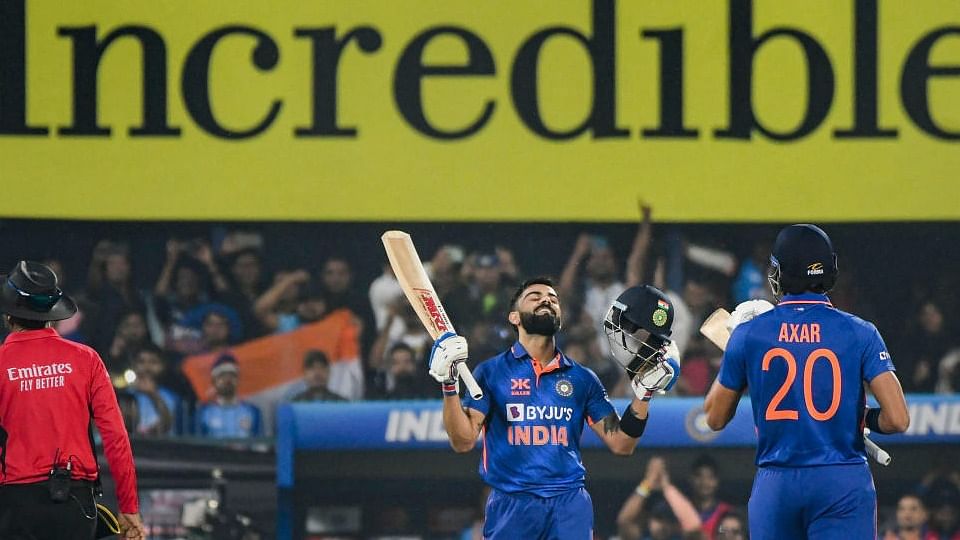  Virat Kohli celebrates his century during the 1st ODI cricket match between India and Sri Lanka, at Barsapara stadium in Guwahati, Tuesday, Jan. 10, 2023. Credit: PTI Photo