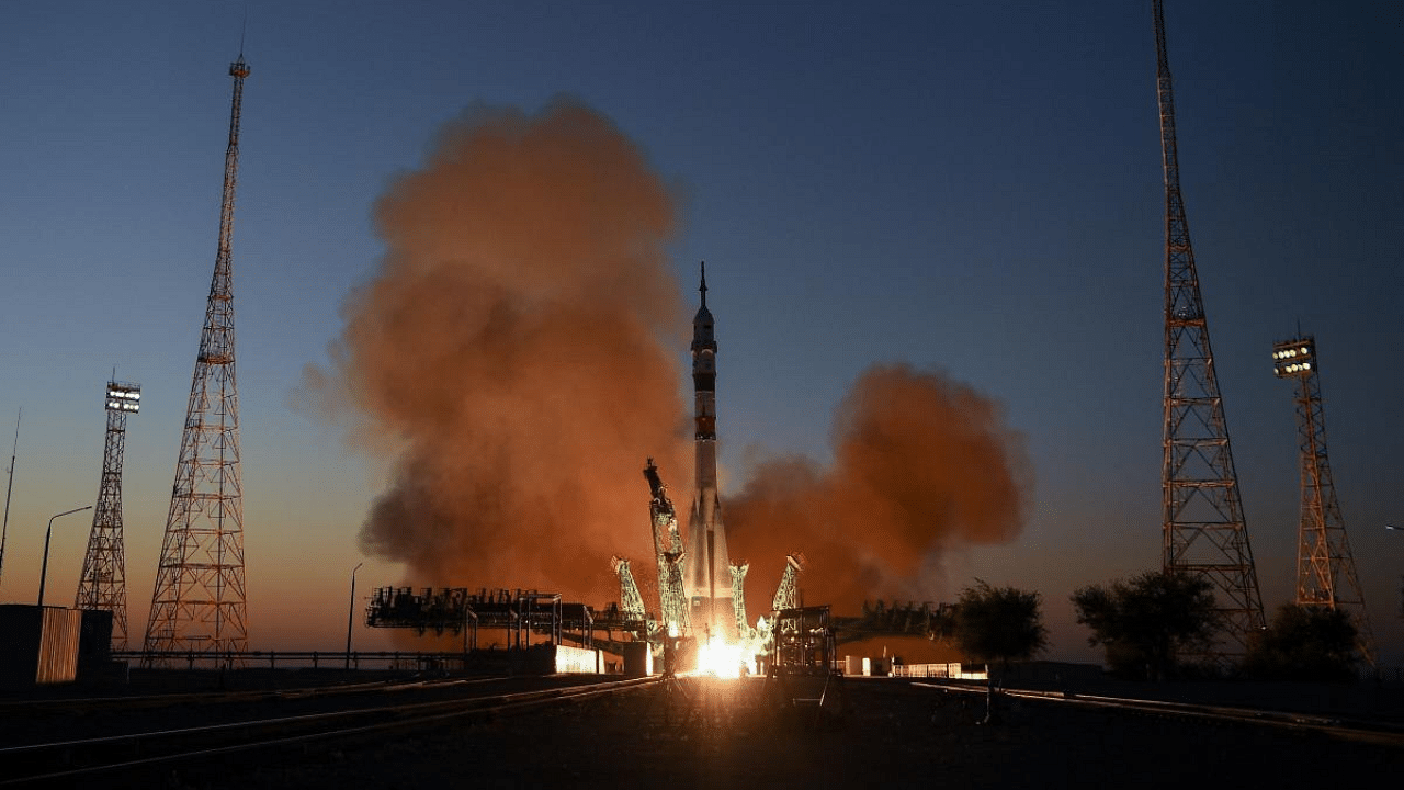 In this file photo taken on September 21, 2022 The Soyuz MS-22 spacecraft carrying the crew of Russian cosmonauts Sergey Prokopyev and Dmitri Petelin and NASA astronaut Frank Rubio blasts off to the International Space Station (ISS) from the Moscow-leased Baikonur cosmodrome in Kazakhstan. Credit: AFP Photo