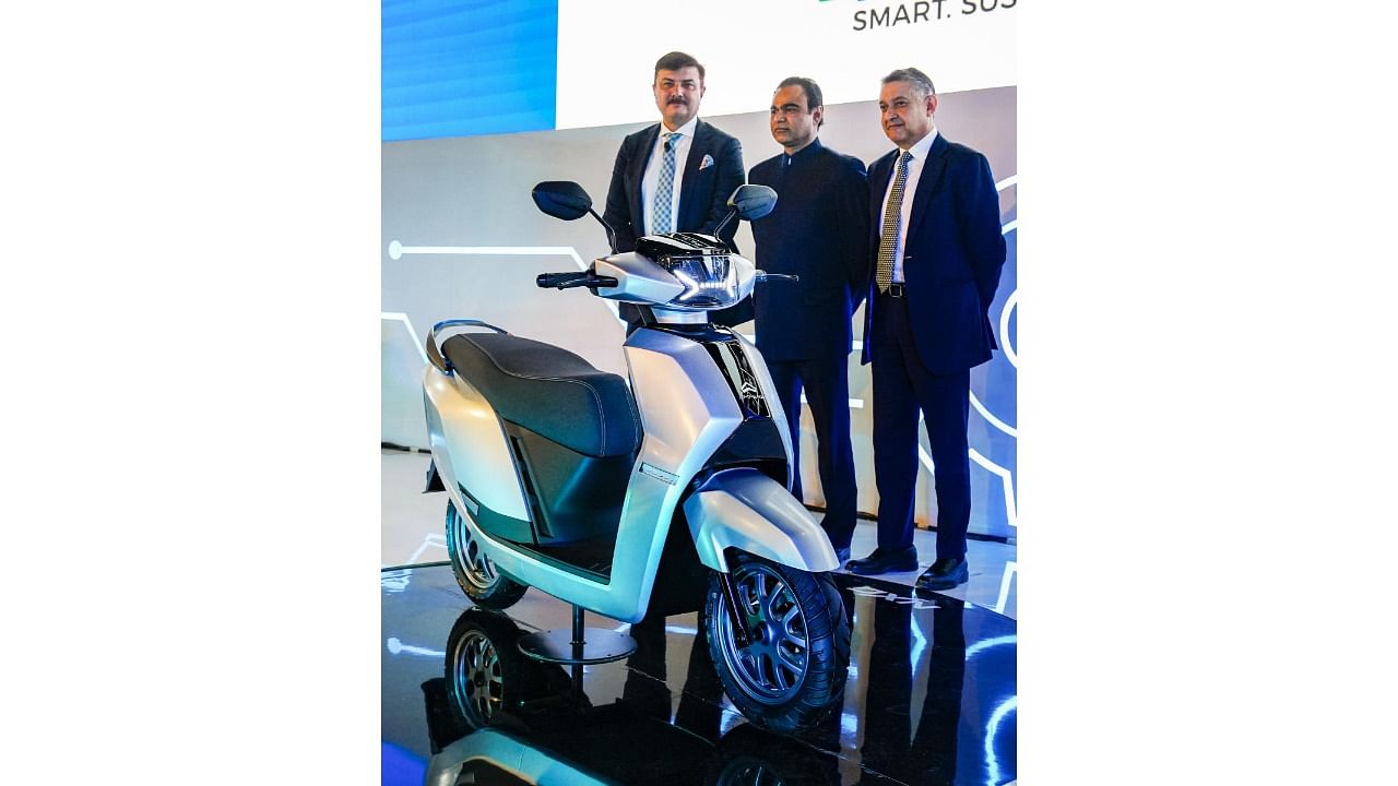 Newly unveiled Greaves Cotton's e-scooter 'Ampere NXU' on display at the Auto Expo 2023, in Greater Noida. Credit: PTI Photo