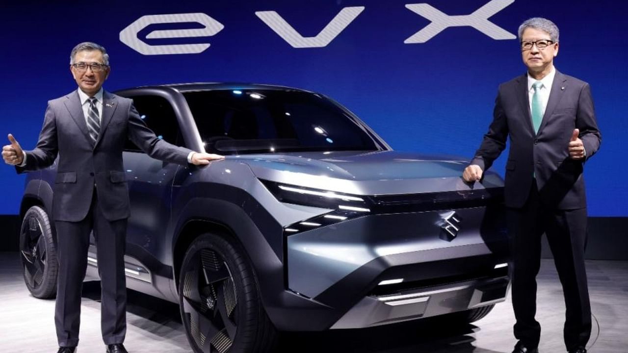 (L to R) Toshihiro Suzuki, Representative Director and President, Suzuki Motor Corporation, Japan and Hisashi Takeuchi, MD and CEO, Maruti Suzuki India Ltd unveiled the Concept eVX at Auto Expo 2023, India. Credit: Maruti Suzuki