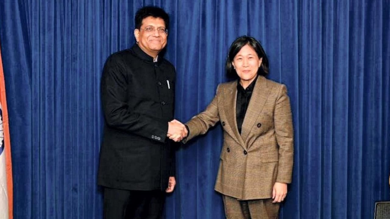 Union Commerce and Industry Minister Piyush Goyal with United States Trade Representative Katherine Tai. Credit: PTI Photo