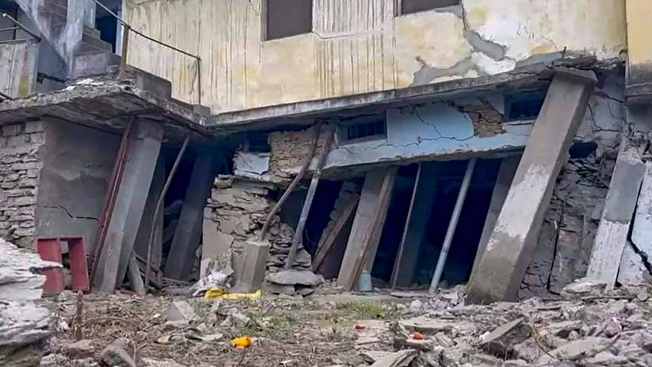 A collapsed portion of a house at Bahuguna Nagar area in Karnaprayag, in Chamoli district. Credit: PTI Photo