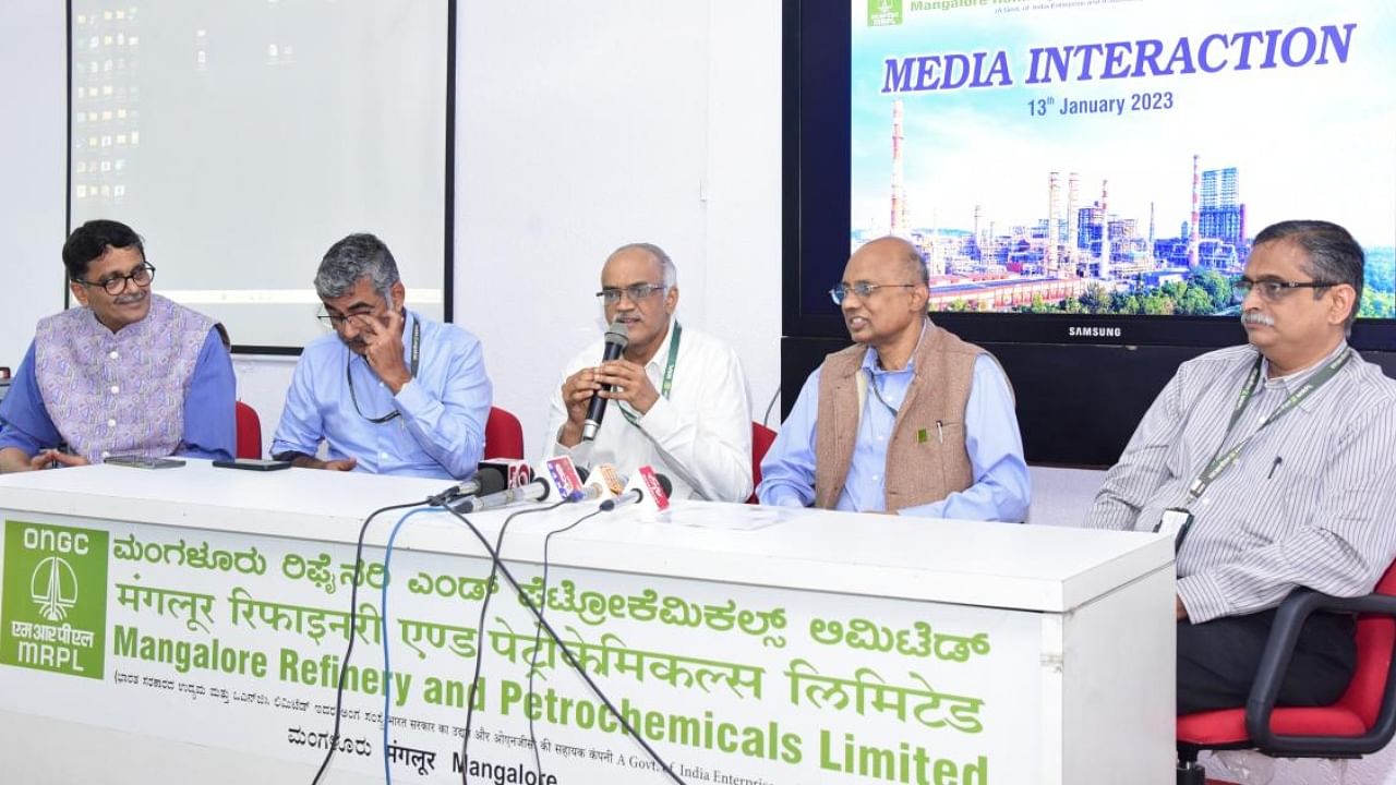 MRPL MD M Venkatesh speaks to mediapersons at MRPL on the outskirts of Mangaluru. Credit: Special Arrangement