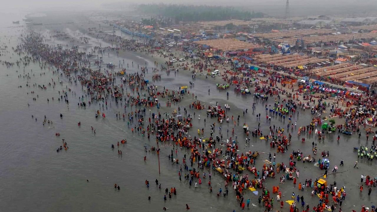 An ariel view of Sagar Island where pilgrims gather for Gangasagar Mela-2023 on the eve of Makar Sankranti. Credit: PTI Photo