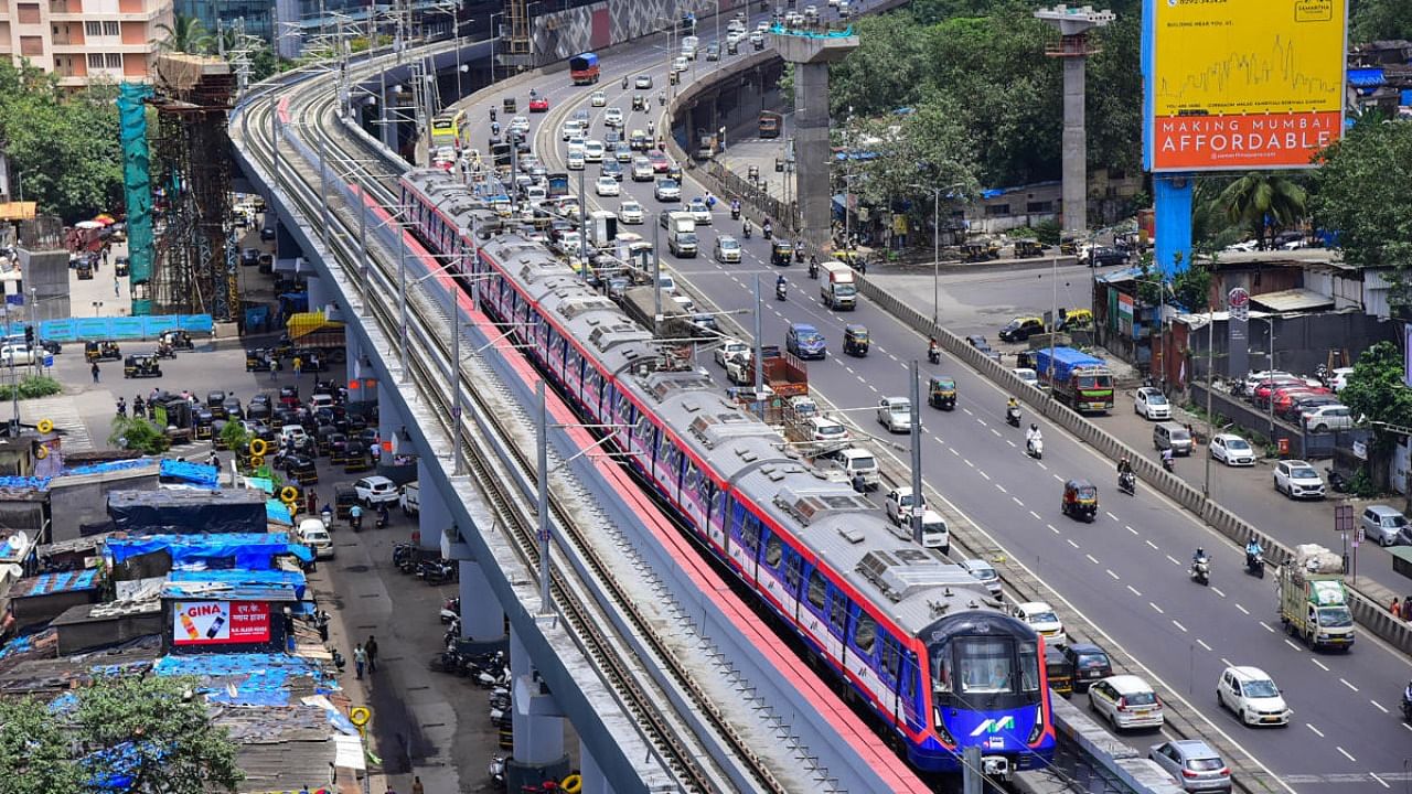 A metro train during a trial run between Aarey Station and Andheri East, in Mumbai. Credit: PTI Photo