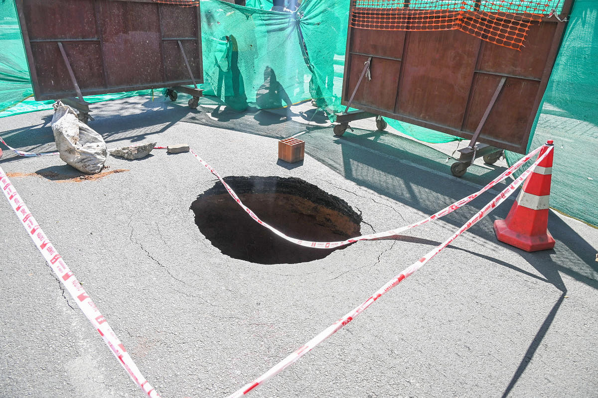 The sinkhole which surfaced near Shoolay Circle on Brigade Road early this week. Credit: DH File Photo