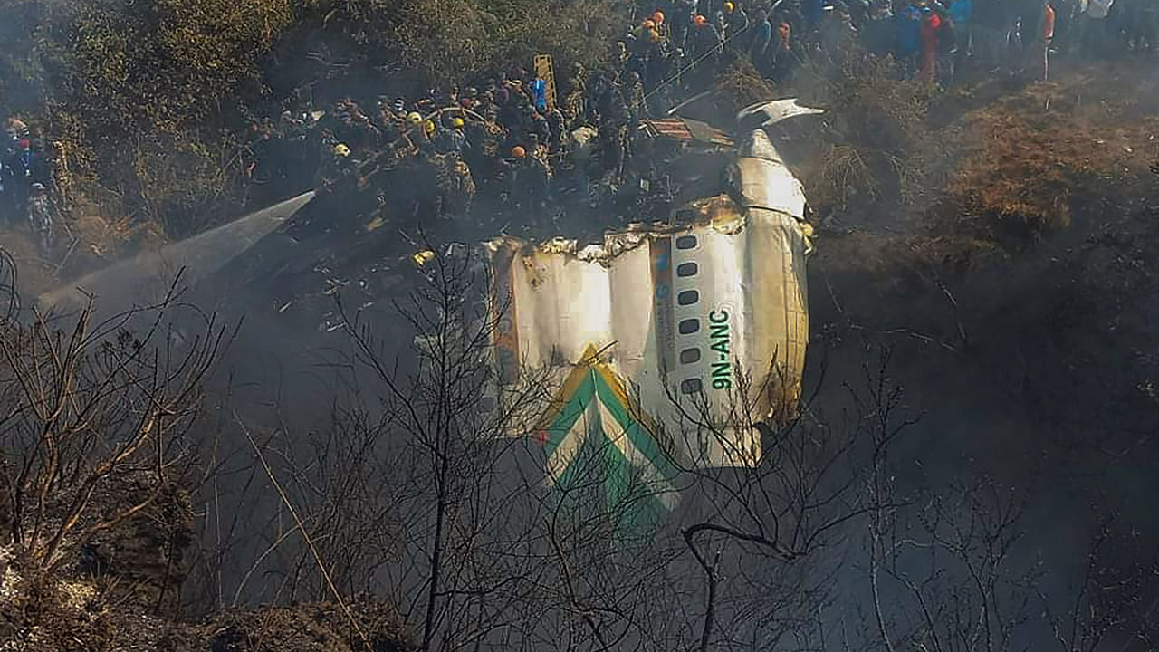 An ATR 72 aircraft of Yeti Airlines with a call sign 9N-ANC that took off to Pokhara from Kathmandu at 10:32 am crashed at Nayagaun of the city this morning. Credit: PTI Photo