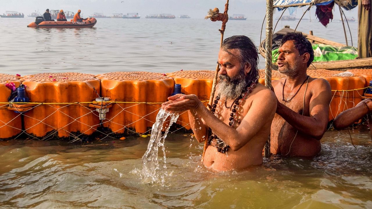 A Magh Mela administration official said 14 ghats, with a total length of 6,000 feet, had been built this year to enable the devotees to bathe easily. Credit: PTI Photo