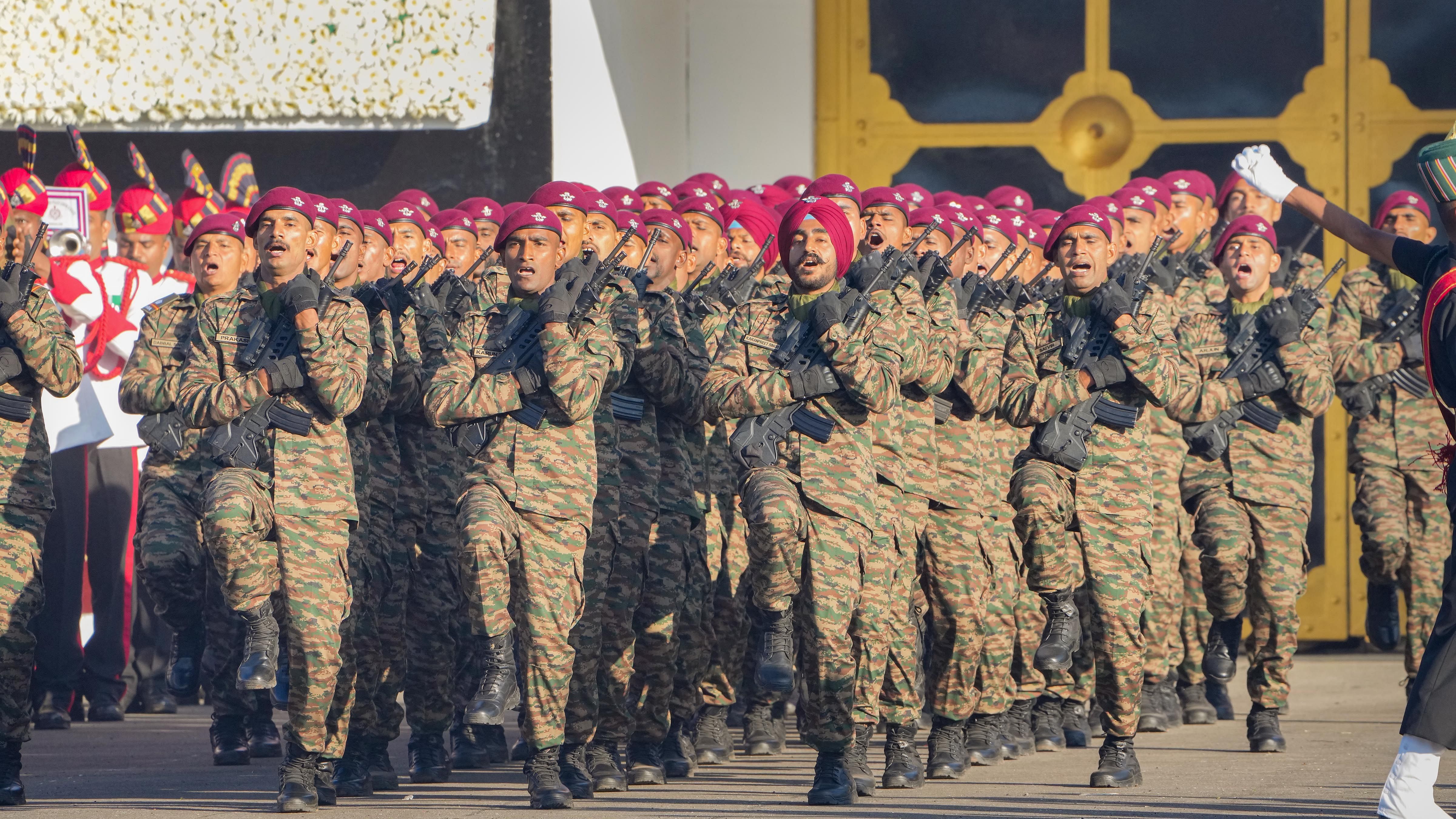 Special Forces commandos march past during the 75th Army Day celebrations at Govinda Swamy Parade Ground in Bengaluru, Sunday, Jan. 15, 2023. Credit: PTI File Photo