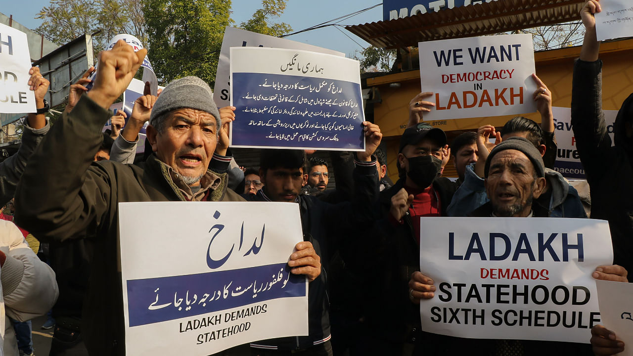 The protest demonstration was jointly organised outside the Press Club Jammu by the powerful Leh-based Apex body of peoples movement for the 6th schedule and the Kargil Democratic Alliance (KDA). Credit: PTI Photo