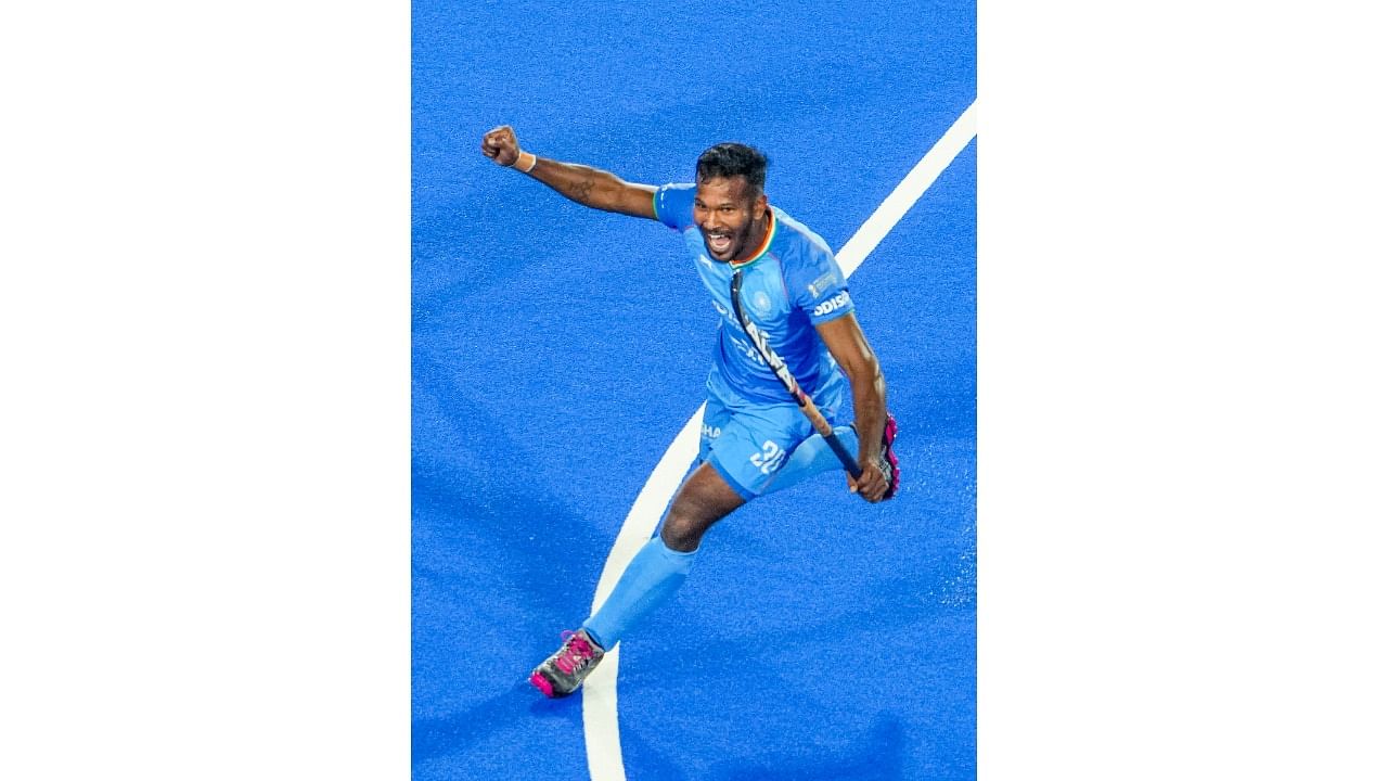  Amit Rohidas of India celebrates after scoring a goal against Spain during a match of the FIH Odisha Hockey Men's World Cup 2023. Credit: PTI Photo