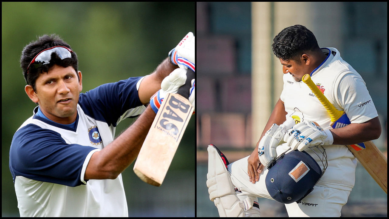 Venkatesh Prasad (L) and Sarfaraz Khan (R). After scoring the century on Tuesday, Sarfaraz made a strong gesture by taking off his helmet, doing the thigh-five celebration, and gesturing towards his teammates on the boundary line. Credit: DH Photo/ PTI Photo