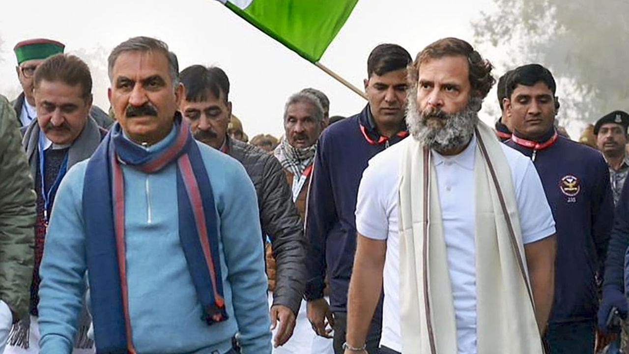 Congress leader Rahul Gandhi with Himachal Pradesh Chief Minister Sukhvinder Singh Sukhu and others during the party's Bharat Jodo Yatra, in Kangra district. Credit: PTI Photo