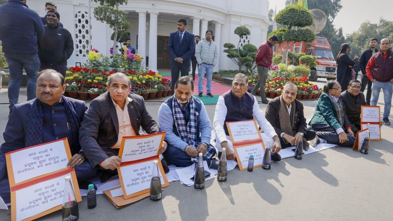 BJP MLAs stage a protest during a session of Delhi Legislative Assembly. Credit: PTI Photo